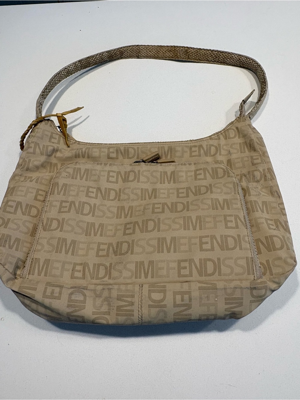 Fendi Beige Logo Hobo Shoulder Bag with Tan Accents